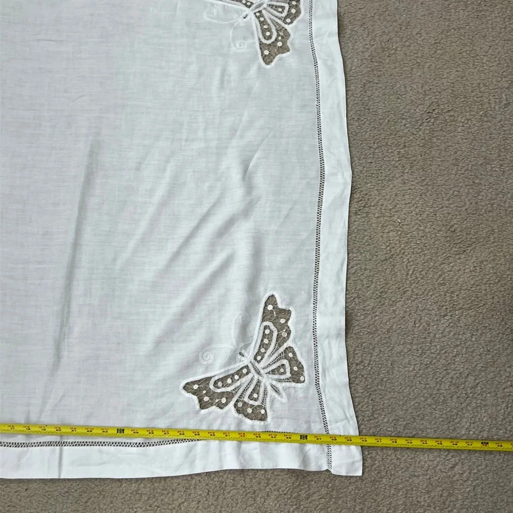 Vintage White Linen Lace Tablecloth Butterfly Embroidered Applique Square 40x40